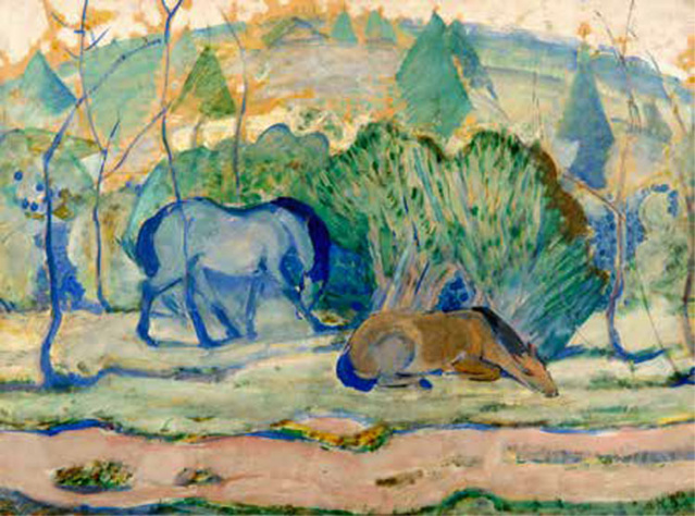 Franz Marc (1880-1916) Pferde auf der Weide (Chevaux au pâturage), 1910, Tempera sur papier collé sur carton, 61,5 x 82 cm Musée des Beaux-Arts / La Boverie, Liège © Musée des Beaux-Arts, Ville de Liège