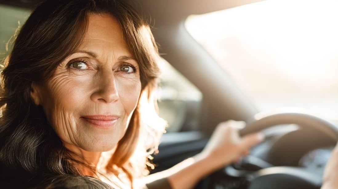 Femme de 55 ans souriante au volant de sa voiture, prête à prendre la route © SeniorActu Femme de 55 ans souriante au volant de sa voiture, prête à prendre la route © SeniorActu