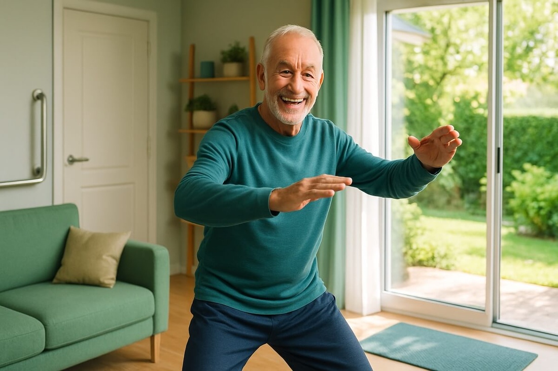 Senior faisant du Tai-Chi dans son salon © Senioractu.com (image générée par IA) Senior faisant du Tai-Chi dans son salon © Senioractu.com (image générée par IA)