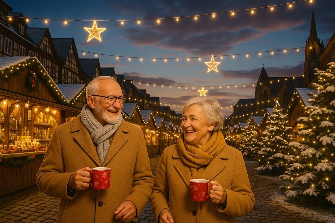 Couple de seniors en train de se promener sur le marché de Noel © Seniroactu.com (image générée par IA)