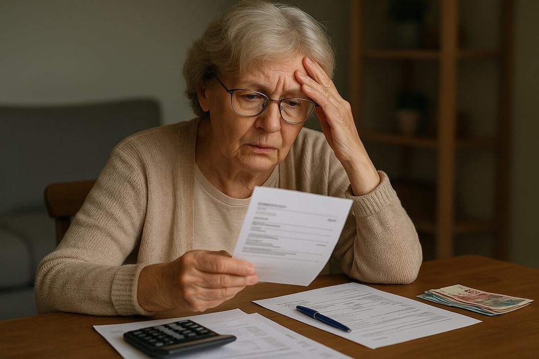 Femme senior inquiète pour son budget mensuel © SeniorActu (Image générée par IA)