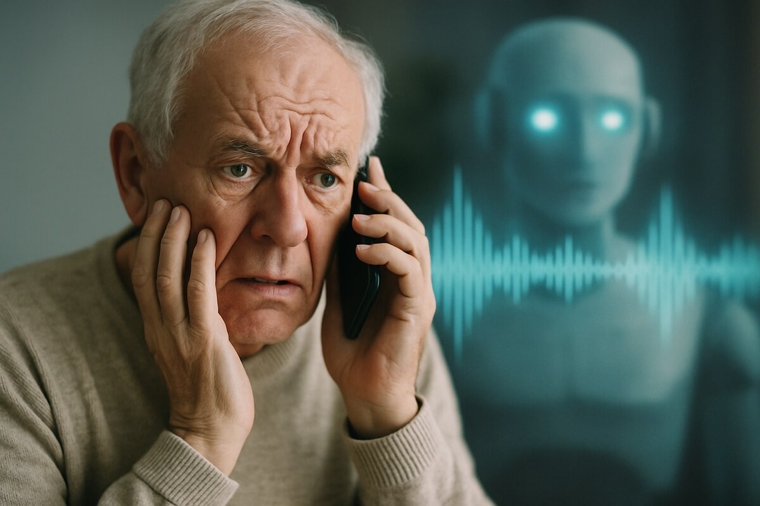 Senior au téléphone victime d'une arnaque (image générée par IA)