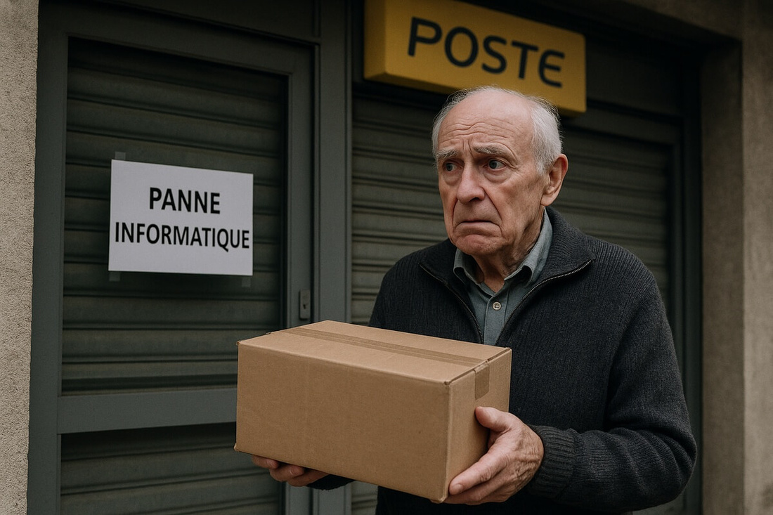 Senior inquiet devant un bureau de La Poste fermé à cause de la panne informatique Senior inquiet devant un bureau de La Poste fermé à cause de la panne informatique