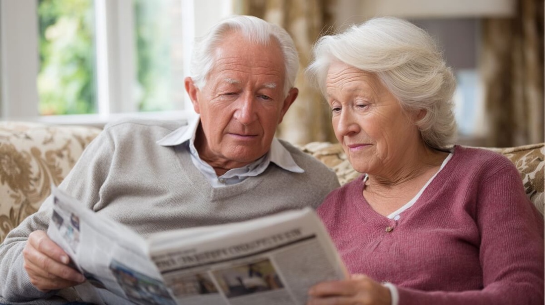 Couple de retraités lisant un article retraçant les principaux faits d'actualité impactant la vie des seniors en 2025 © SeniorActu