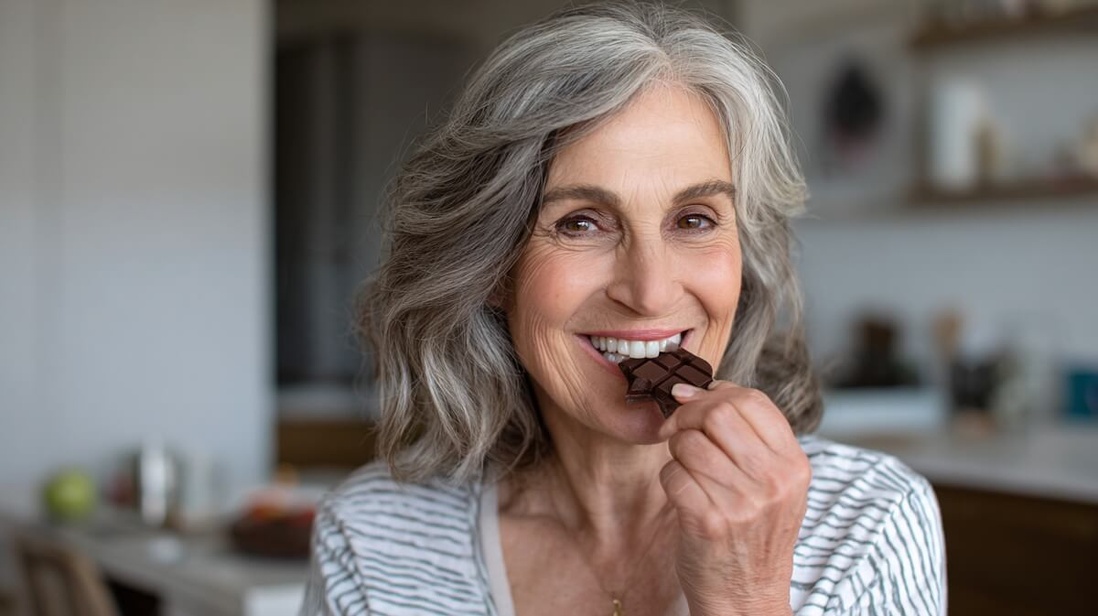 Une femme de 55 ans savoure un carré de chocolat noir dans sa cuisine © SeniorActu Une femme de 55 ans savoure un carré de chocolat noir dans sa cuisine © SeniorActu