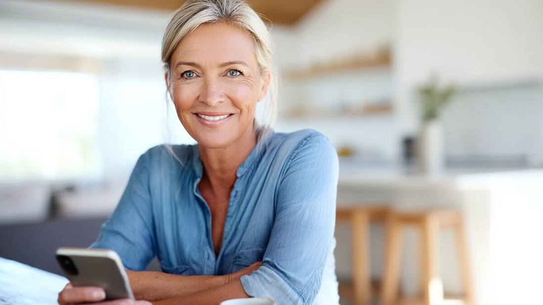 Une femme senior qui consulte son téléphone avec confiance © SeniorActu Une femme senior qui consulte son téléphone avec confiance © SeniorActu