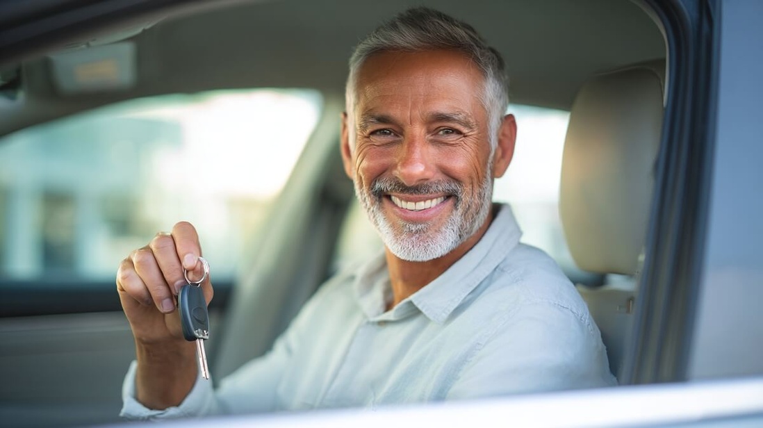 Un homme de 60 ans souriant tient les clés de sa voiture, illustrant la sérénité d'être bien assuré © SeniorActu