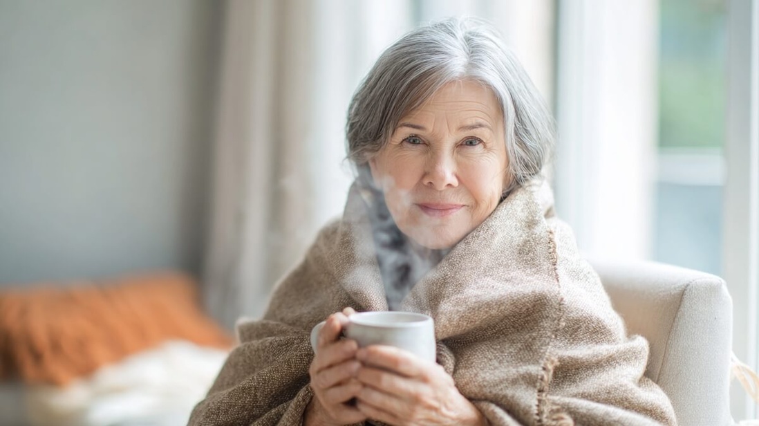 Une femme de 75 ans emmitouflée dans un plaid tient une tasse de boisson chaude près d'une fenêtre © SeniorActu