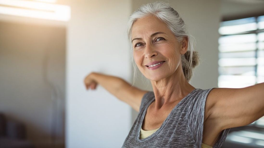 Une femme de 65 ans pratique des exercices physiques chez elle © SeniorActu