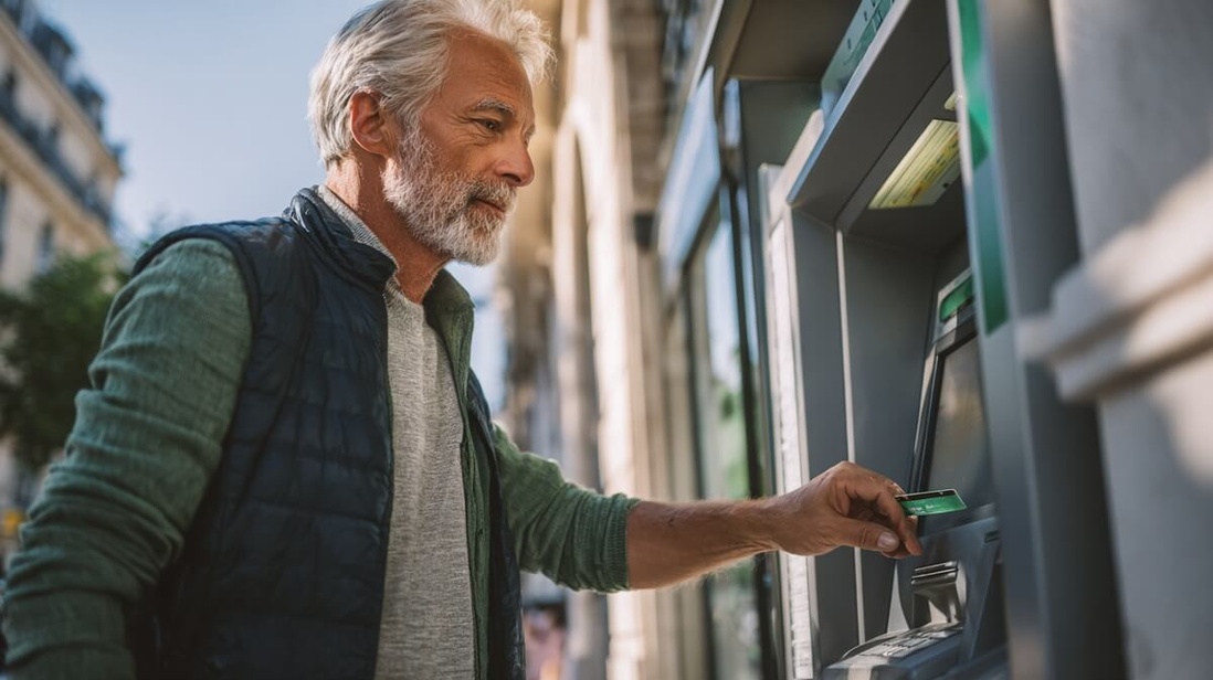 Senior retirant de l'argent liquide dans l'un des derniers DAB de sa commune © SeniorActu
