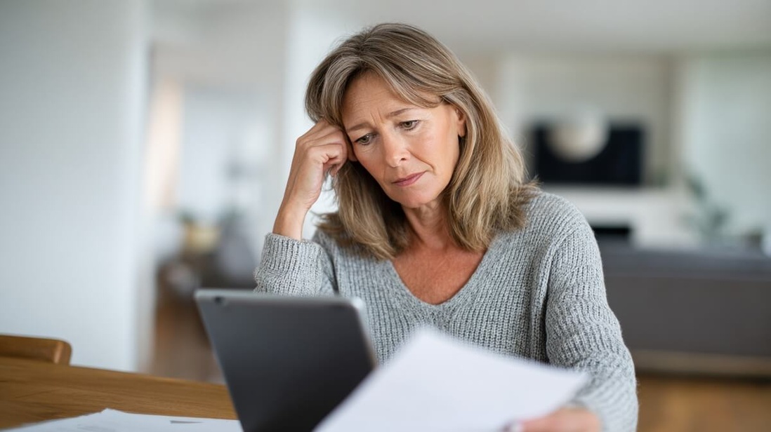 Une femme de 50 ans consulte les notes Qualiscope des EHPAD sur sa tablette © SeniorActu