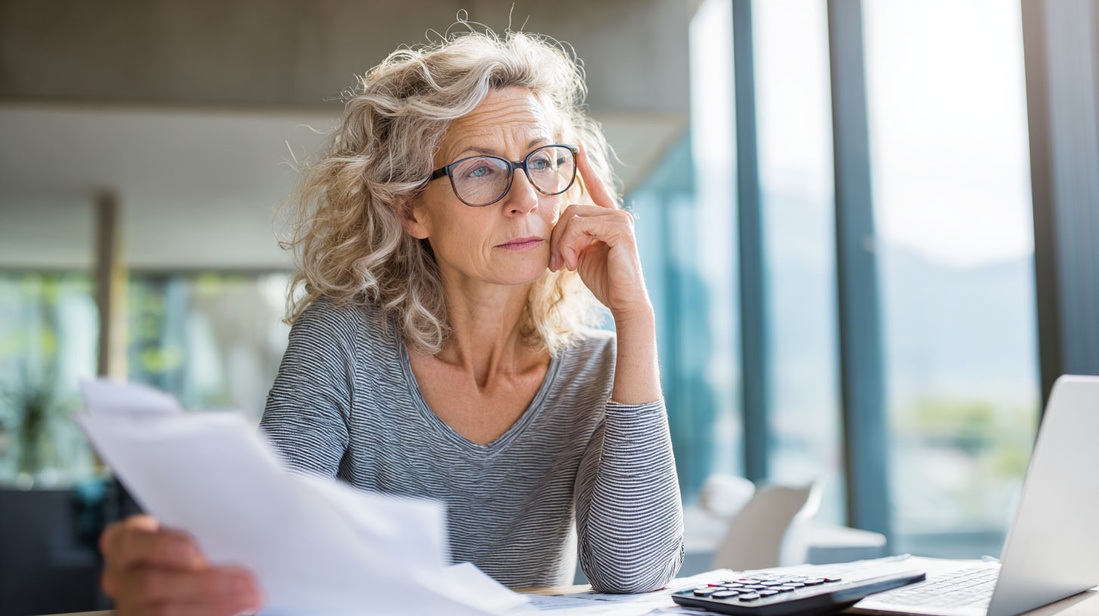 Salariée senior vérifiant ses revenus pour la validation de trimestres de retraite © SeniorActu