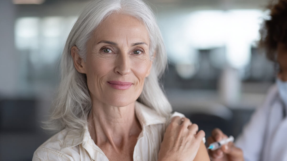 Une femme senior dans un cabinet médical en train de se faire vacciner contre le zona © SeniorActu Une femme senior dans un cabinet médical en train de se faire vacciner contre le zona © SeniorActu