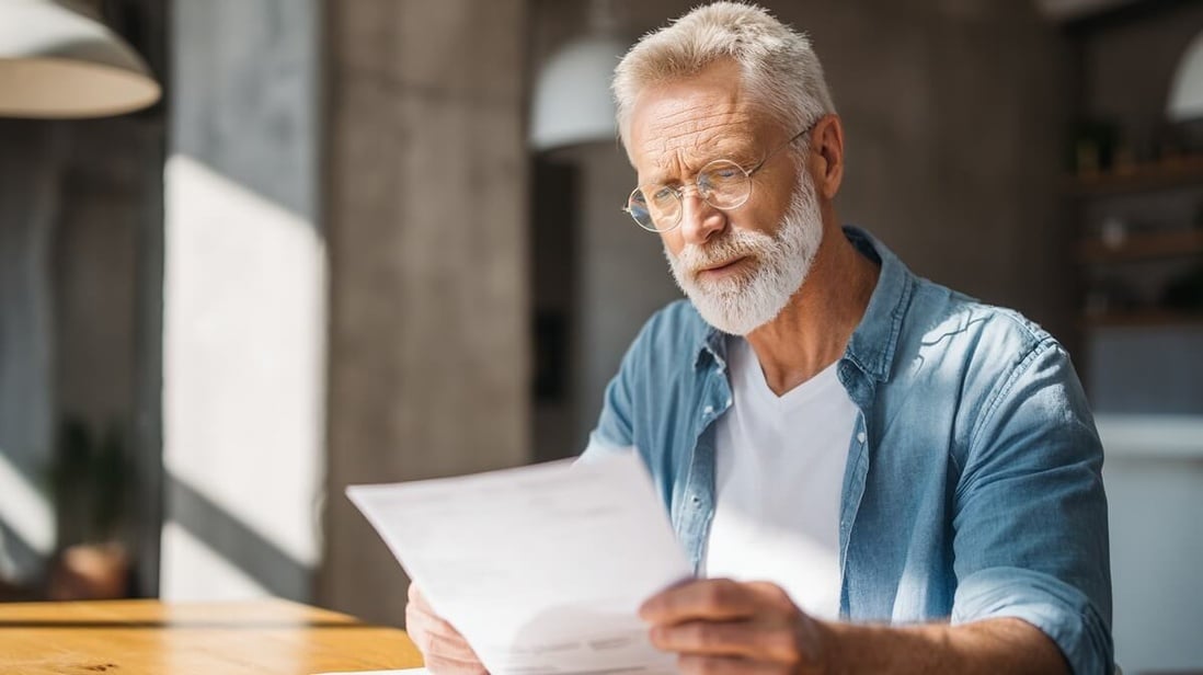 Un homme senior examine attentivement sa facture d'électricité © SeniorActu Un homme senior examine attentivement sa facture d'électricité © SeniorActu