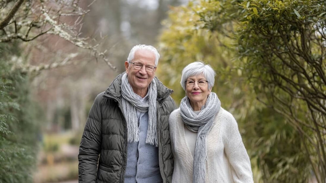Couple de seniors français souriant, marchant dans un parc en hiver © SeniorActu Couple de seniors français souriant, marchant dans un parc en hiver © SeniorActu