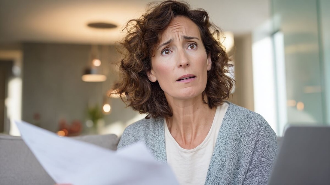 Une femme senior examine un document bancaire avec inquiétude