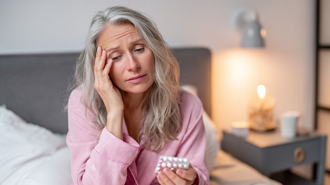 Une femme senior examine une plaquette de somnifères avec une expression pensive © SeniorActu
