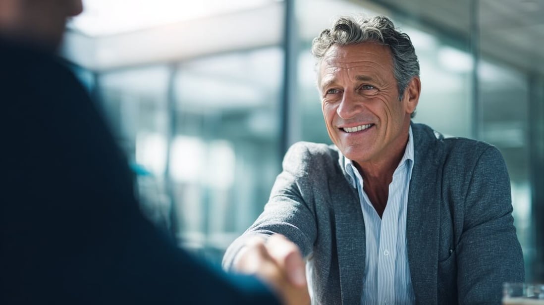 Un senior serre la main d'un recruteur lors d'un entretien d'embauche © SeniorActu Un senior serre la main d'un recruteur lors d'un entretien d'embauche © SeniorActu