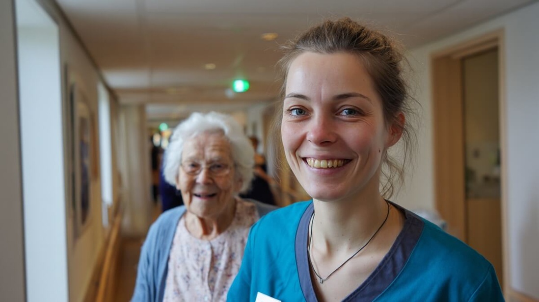 Aide-soignante accompagnant une résidente en EHPAD © SeniorActu