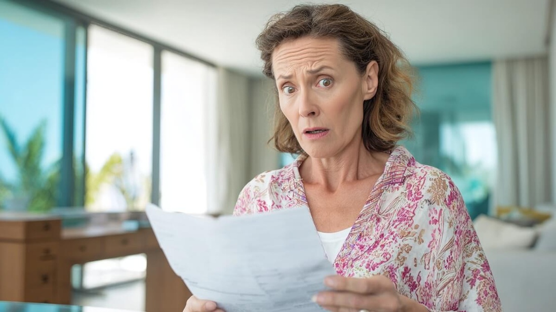 Une femme de 55 ans examine une facture d'EHPAD avec une expression perplexe et inquiète © SeniorActu