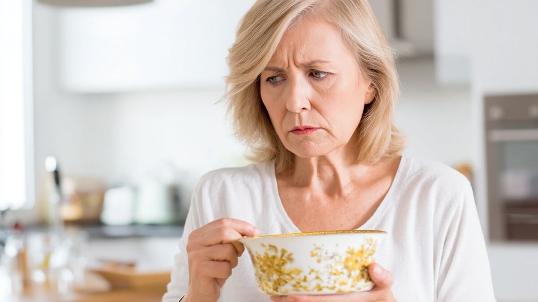 Une femme senior examine une assiette ancienne avec une expression préoccupée © SeniorActu