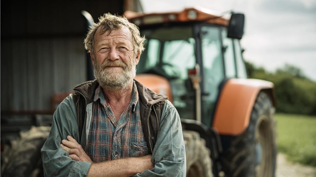 Un agriculteur senior proche de la retraite devant son tracteur © SeniorActu