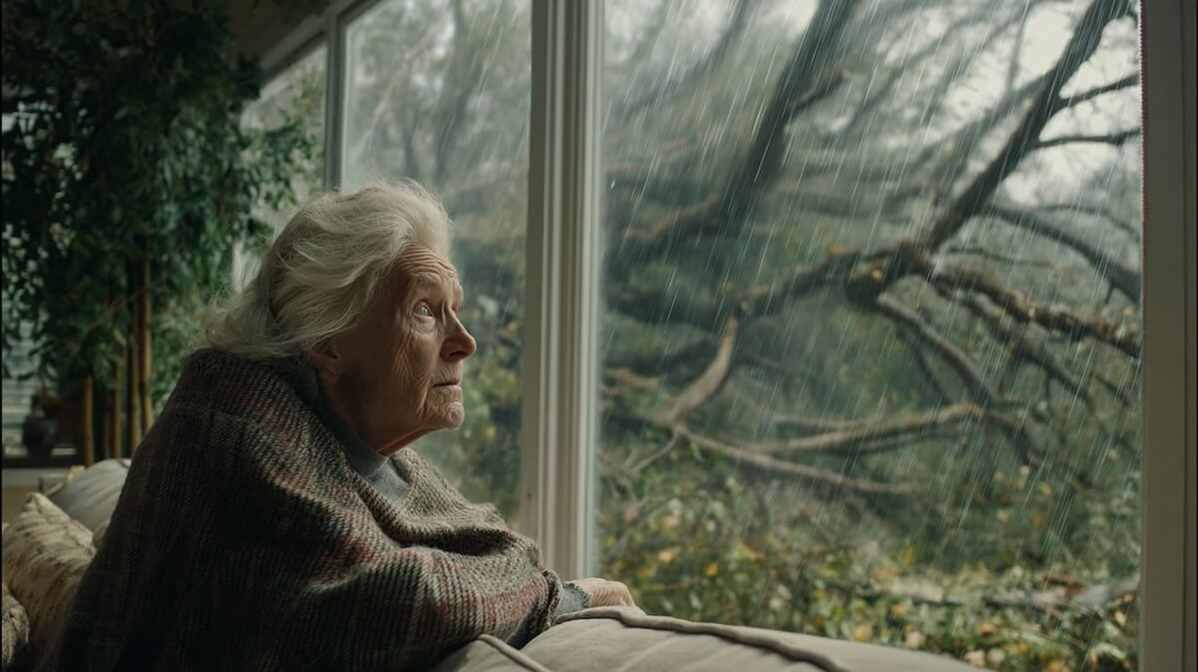 Une personne âgée observe une tempête de vent depuis sa fenêtre © SeniorActu Une personne âgée observe une tempête de vent depuis sa fenêtre © SeniorActu