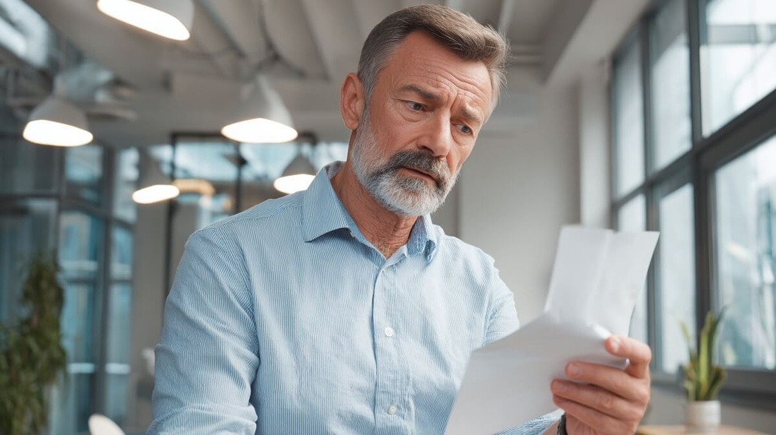 Un cadre senior examine sa fiche de paie avec inquiétude © SeniorActu