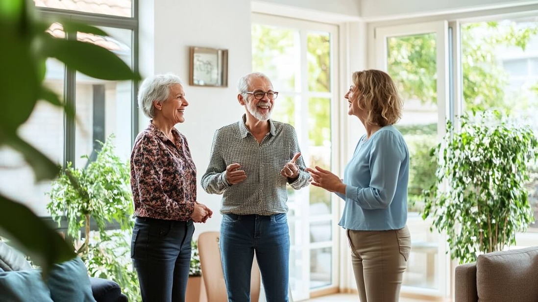 Un couple de retraités accueille leur aide à domicile dans leur salon © SeniorActu Un couple de retraités accueille leur aide à domicile dans leur salon © SeniorActu