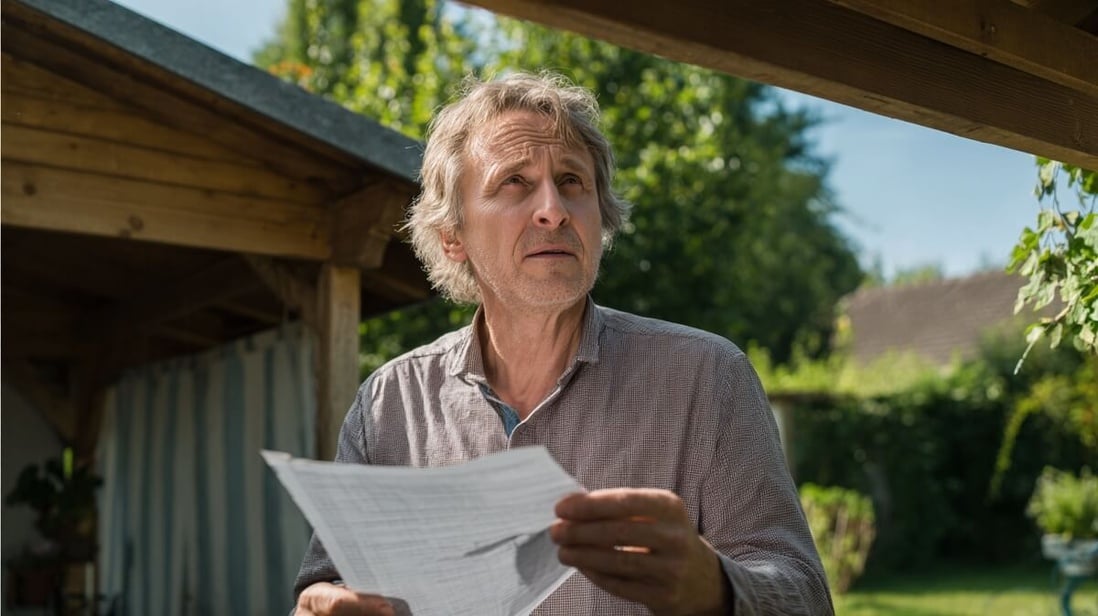 Un propriétaire senior examine un document administratif dans son jardin © SeniorActu Un propriétaire senior examine un document administratif dans son jardin © SeniorActu