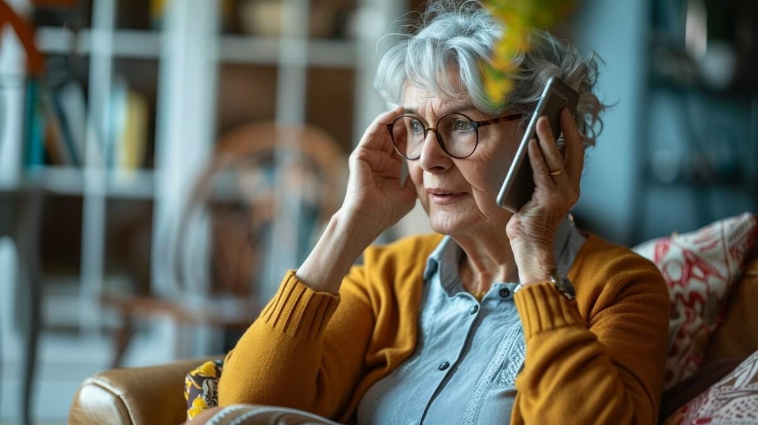 Retraitée méfiante recevant un appel téléphonique suspect © SeniorActu Retraitée méfiante recevant un appel téléphonique suspect © SeniorActu