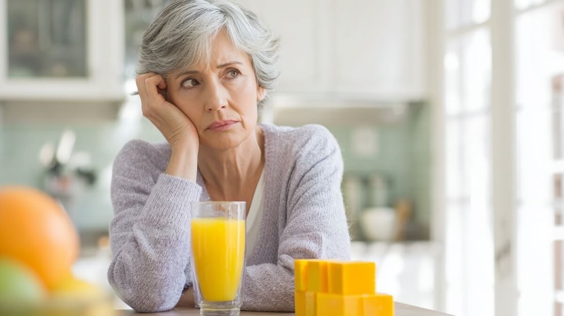 Femme senior devant son verre de jus d'orange avec inquiétude © SeniorActu Femme senior devant son verre de jus d'orange avec inquiétude © SeniorActu