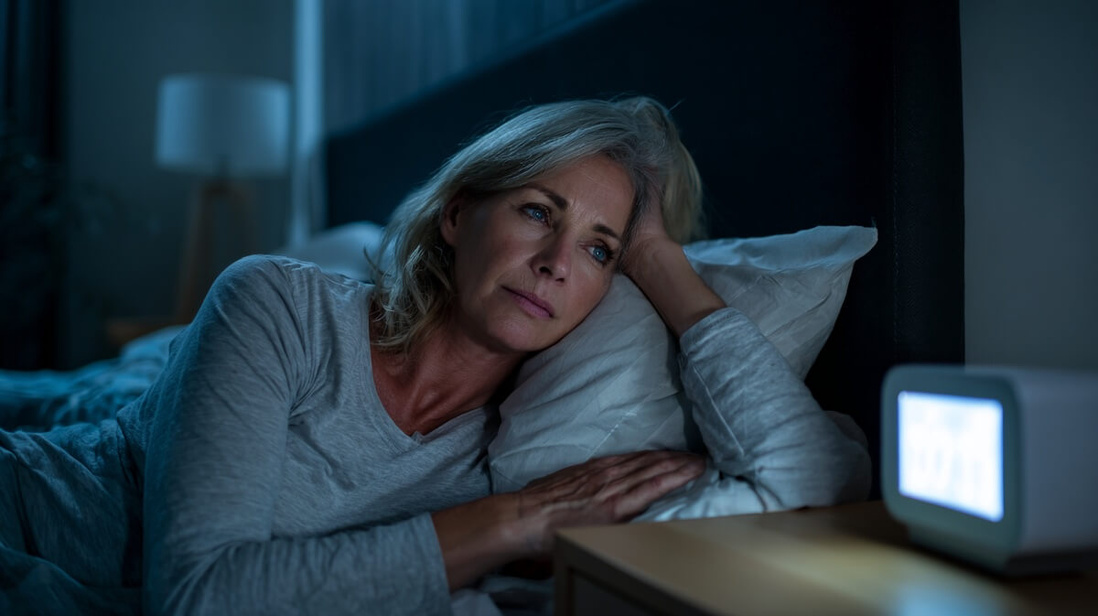 Une femme senior éveillée dans son lit consulte l'heure avec inquiétude © SeniorActu