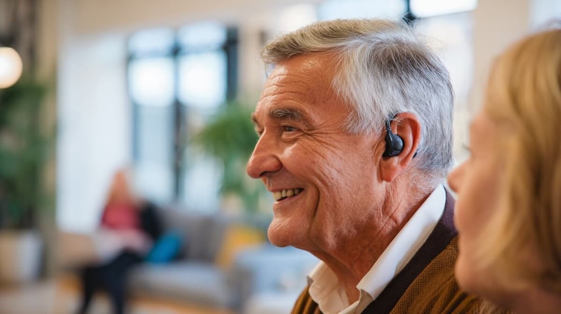 Un senior portant un appareil auditif moderne et discret © SeniorActu Un senior portant un appareil auditif moderne et discret © SeniorActu