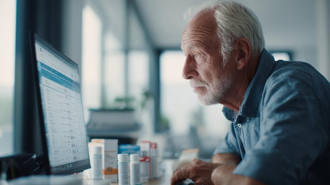 Un patient senior vérifie ses médicaments sur internet © SeniorActu