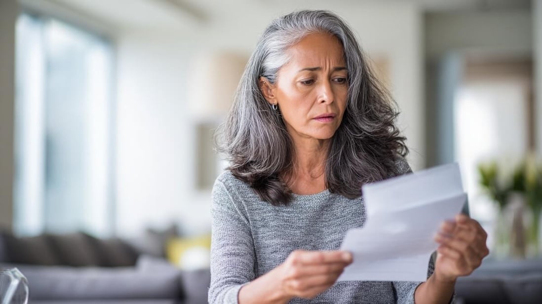 Une femme senior regarde son relevé d'épargne avec une expression perplexe © SeniorActu Une femme senior regarde son relevé d'épargne avec une expression perplexe © SeniorActu
