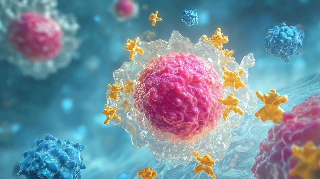 Illustration scientifique montrant une cellule cancéreuse perdant sa protection sucrée face aux molécules AbLec © SeniorActu