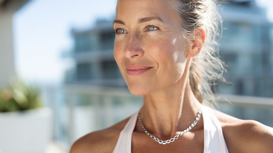 Une femme senior porte une chaine en acier inoxydable élégante pendant ses vacances au bord de la mer © SeniorActu
