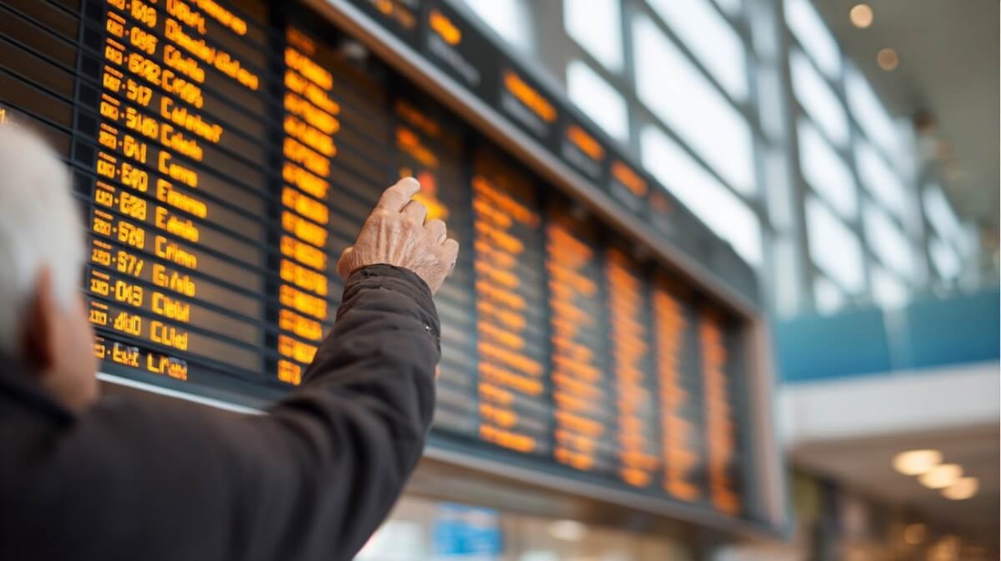 Senior devant un tableau d'affichage aéroport montrant des retards de vols © SeniorActu
