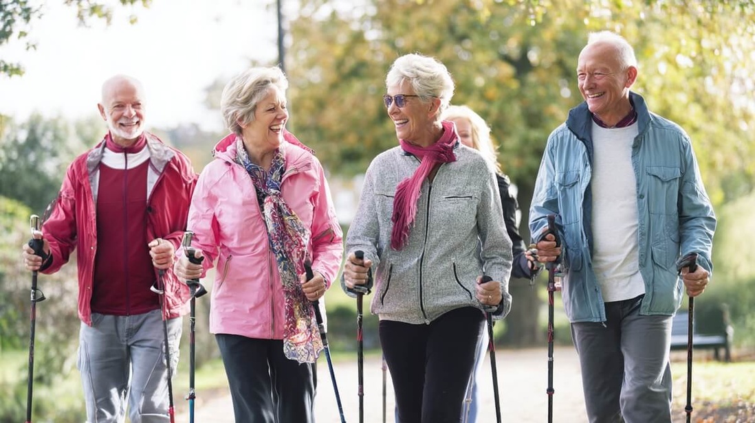 Groupe de seniors pratiquant la marche nordique ensemble dans un parc © SeniorActu