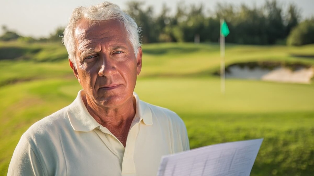 Senior inquiet avec document médical devant un terrain de golf © SeniorActu Senior inquiet avec document médical devant un terrain de golf © SeniorActu