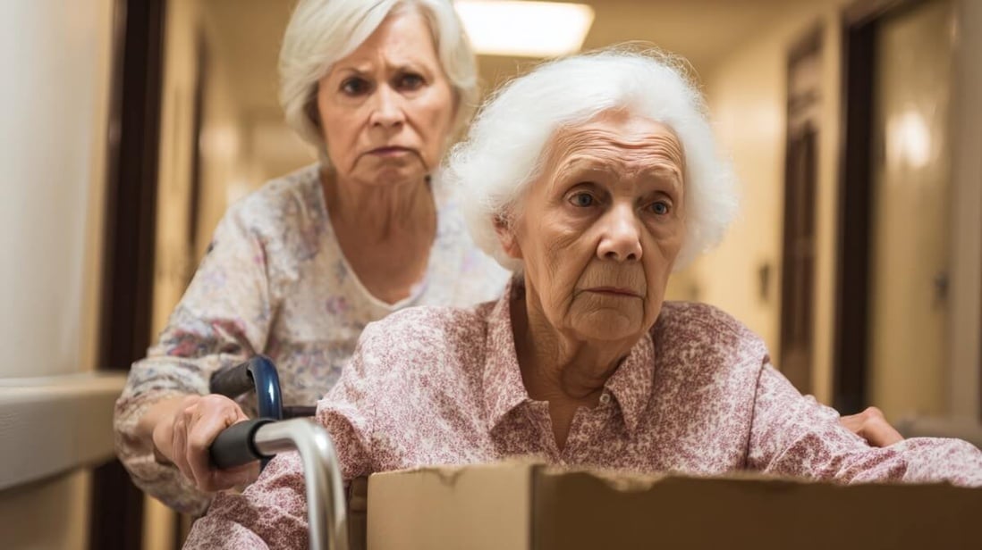 Résidente âgée en fauteuil roulant accompagnée de sa fille lors d'un transfert d'EHPAD © SeniorActu Résidente âgée en fauteuil roulant accompagnée de sa fille lors d'un transfert d'EHPAD © SeniorActu