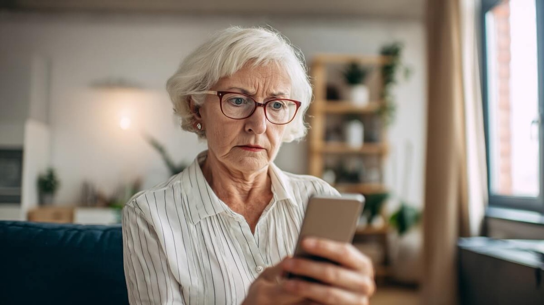 Personne âgée de 70 ans regardant un SMS suspect sur son téléphone portable avec méfiance © SeniorActu