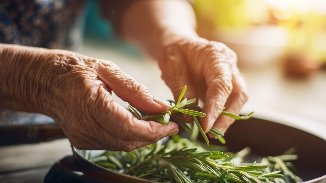 Femme senior préparant un repas avec du romarin frais dans sa cuisine © SeniorActu