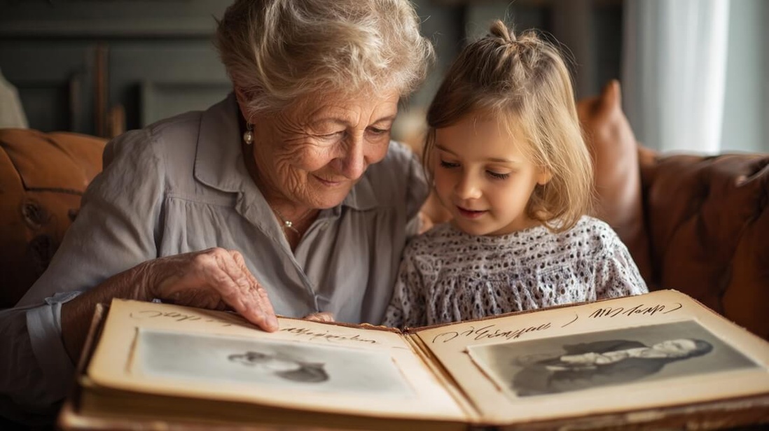 Grand-mère et petite-fille regardant ensemble un album photo de famille, doigt pointant une photo ancienne avec prénom manuscrit © SeniorActu Grand-mère et petite-fille regardant ensemble un album photo de famille, doigt pointant une photo ancienne avec prénom manuscrit © SeniorActu