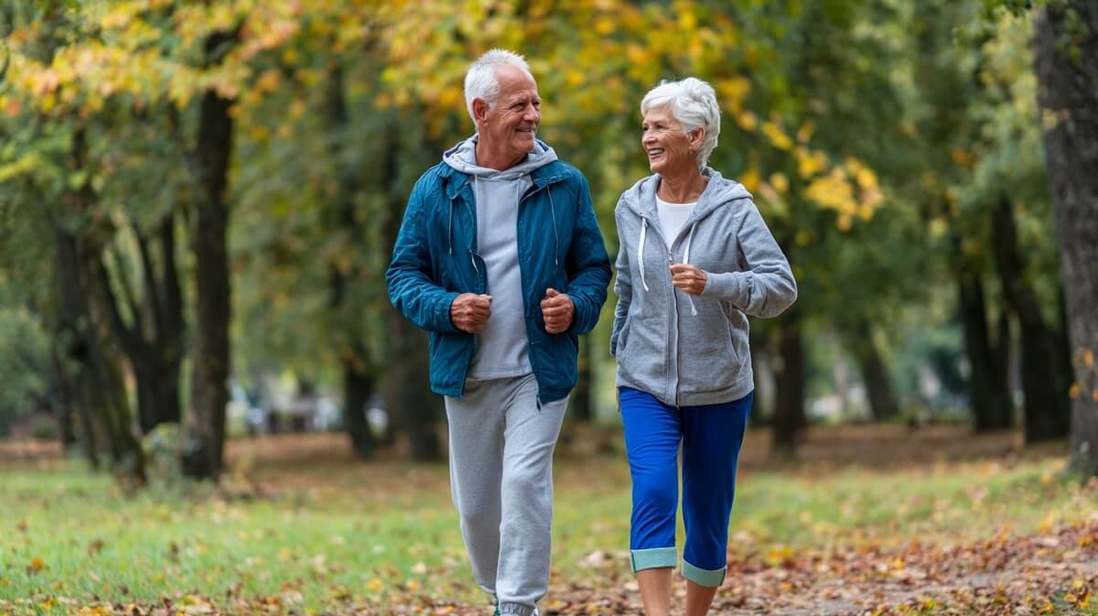 Couple de retraités pratiquant la marche rapide dans un parc © SeniorActu Couple de retraités pratiquant la marche rapide dans un parc © SeniorActu