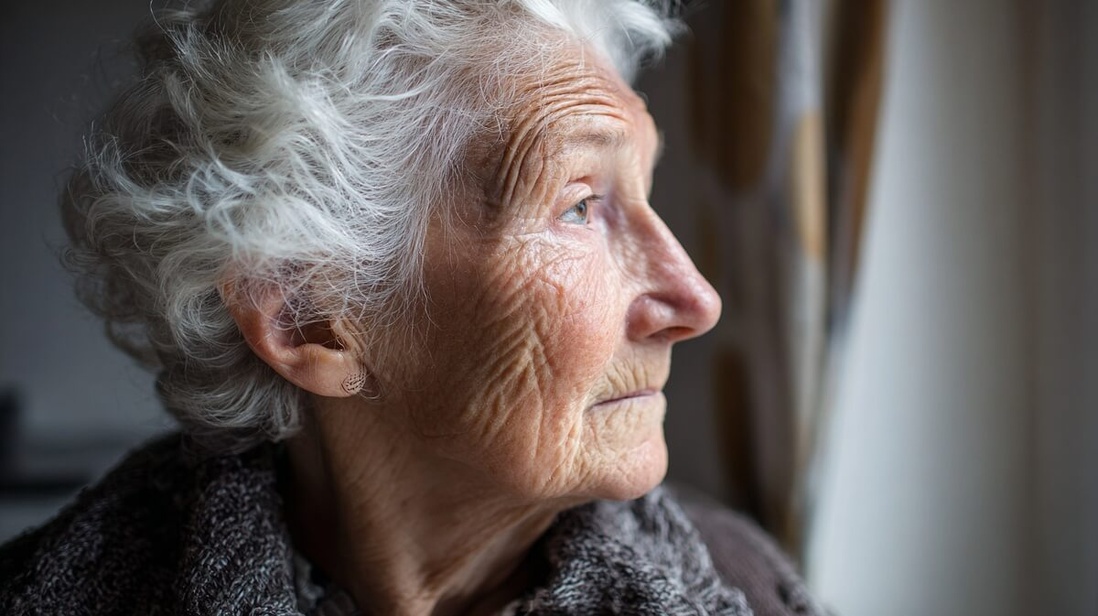 Femme âgée au regard absent caractéristique de la maladie d'Alzheimer © SeniorActu