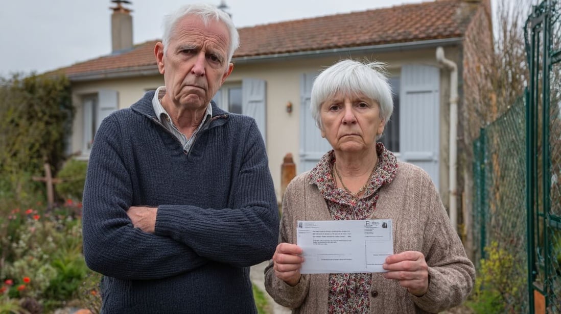 Couple de retraités sceptiques devant leur maison avec un avis de taxe foncière © SeniorActu Couple de retraités sceptiques devant leur maison avec un avis de taxe foncière © SeniorActu