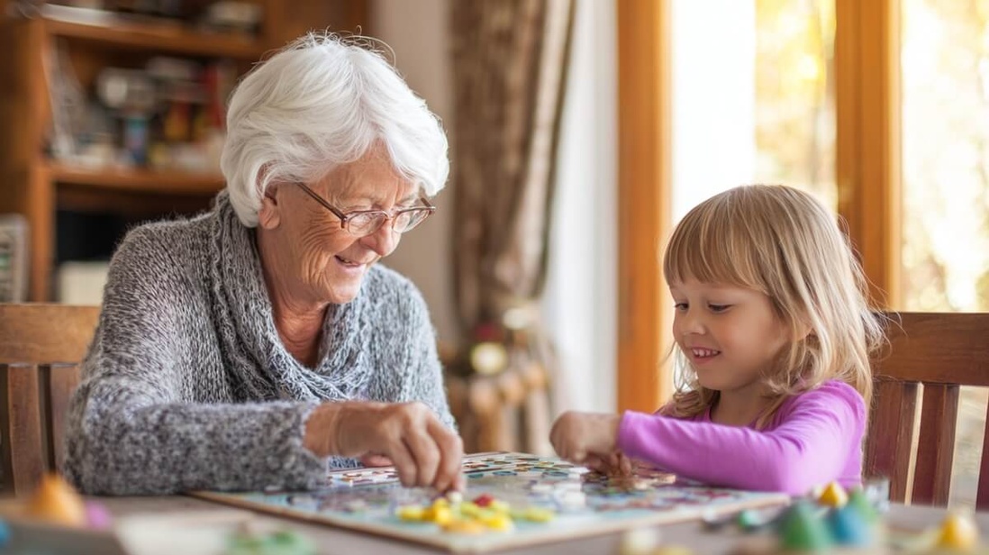 Une grand-mère joue avec sa petite-fille à un jeu de société © SeniorActu Une grand-mère joue avec sa petite-fille à un jeu de société © SeniorActu