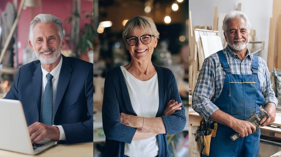 Trois retraités actifs représentant un cadre salarié, une commerçante et un artisan © SeniorActu